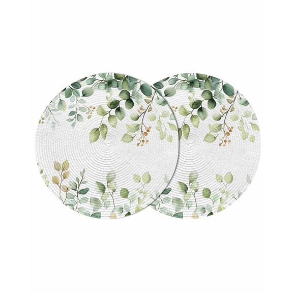 Eucalyptus Round Placemats Set of 2 for Dinning Tables,Heat-proof Braided Table Mats 13 Inch,Sage Green Brown Leaf Boho Minimalist White Washable Place Mat for Kitchen Restaurant Party Table Decor