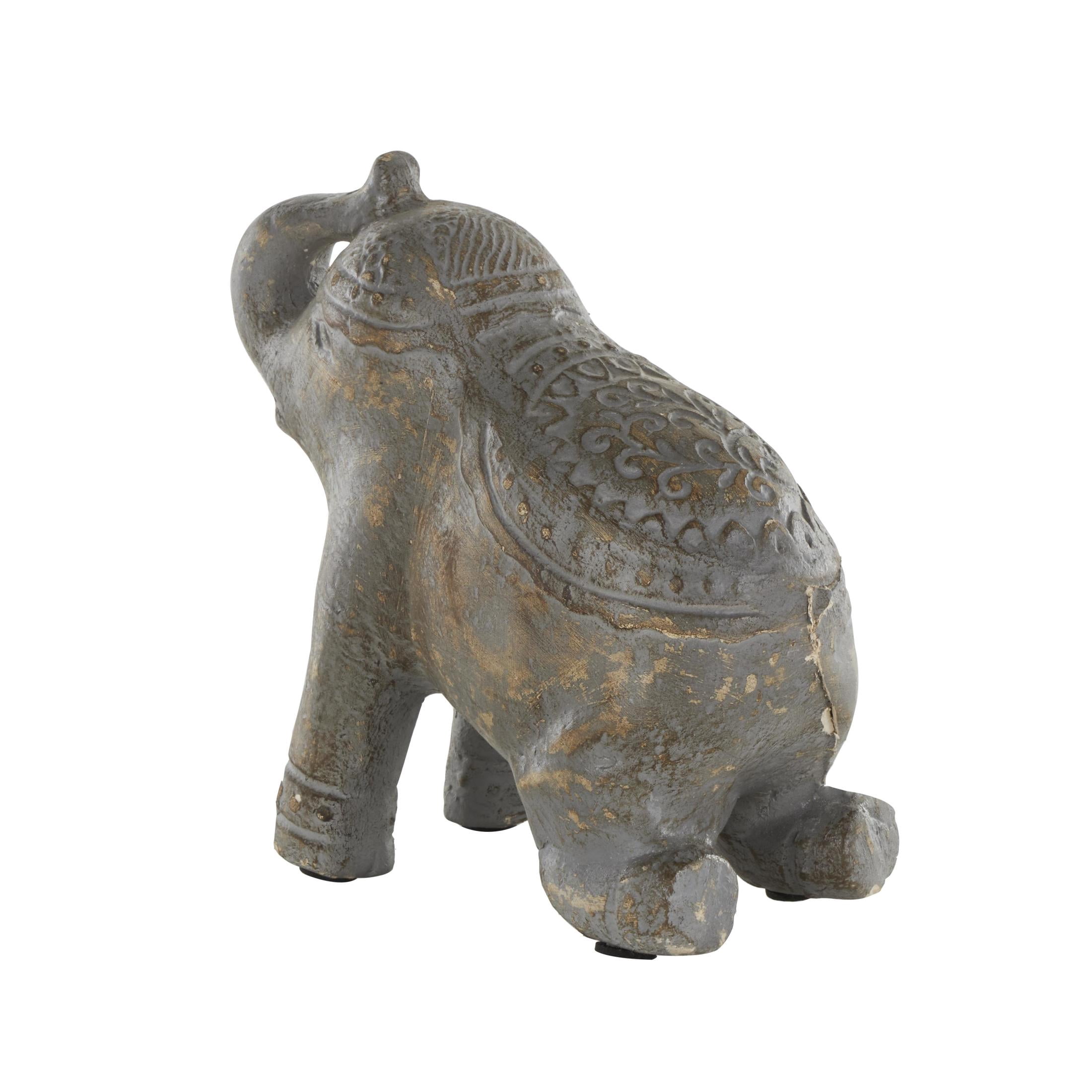 10" x 10" Dark Gray Paper Mache Handmade Distressed Carved Elephant Sculpture with Wood Inspired Accents, by DecMode