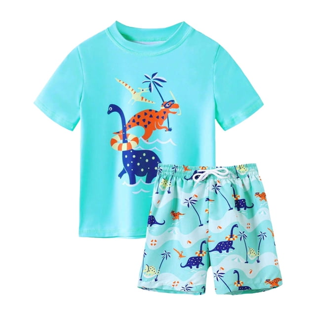 Akiihool Dinosaur Swim Trunks Boys Boys Short Sleeve Rash Guard with Compression Liner Swim Trunks Quick Dry 2 Pieces Sun Shirt Swimwear Set (Light Blue,4-5 Years)