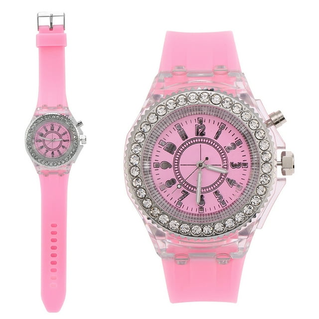 Correa de Silicona, Movimiento de Cuarzo, Reloj de Mujer Con Luz Trasera de 7 Colores Y Decoración de Diamantes de Imitación, Hebilla Ajustable, Para Uso Diario
