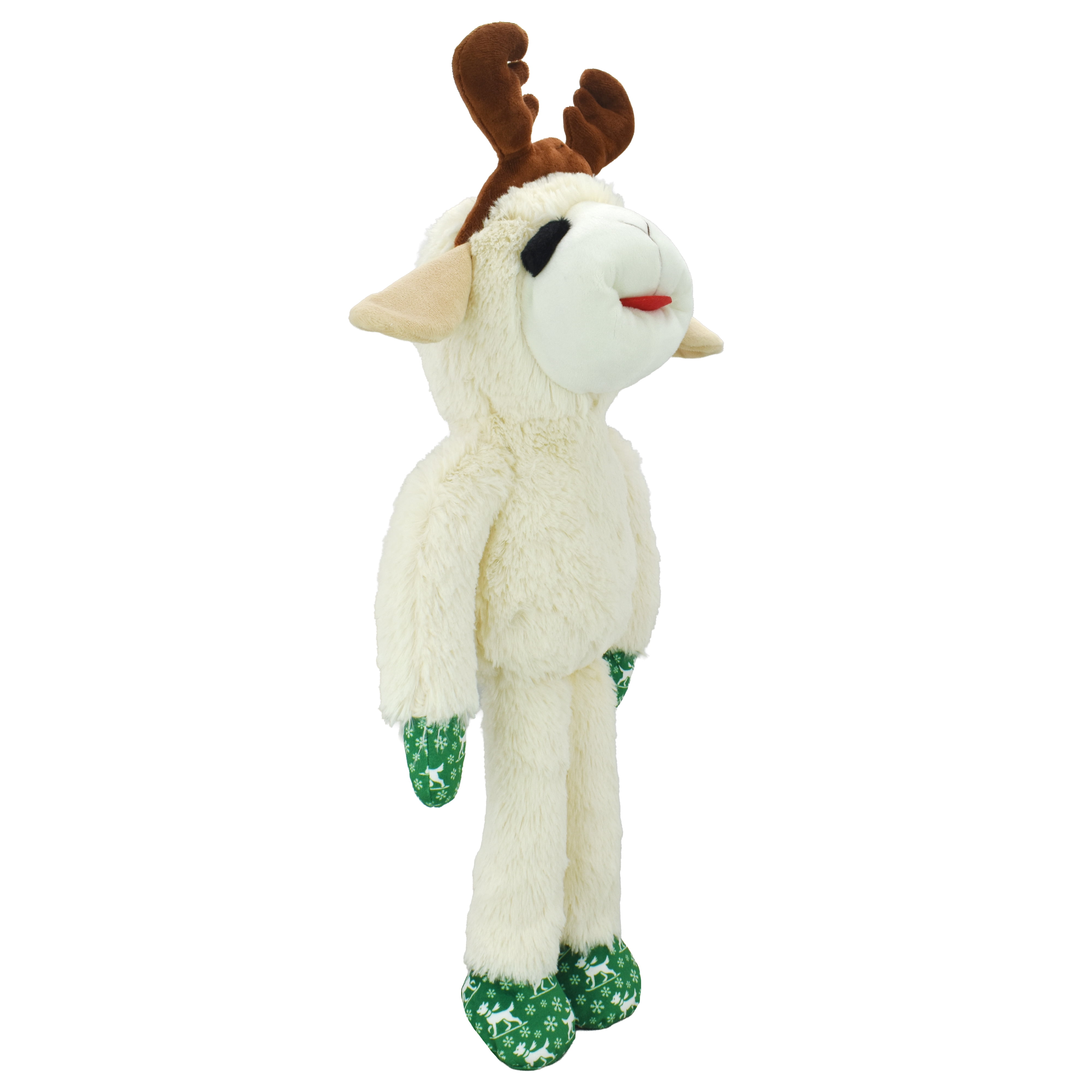 Multipet Plush Jumbo Holiday Lamb Chop Reindeer Dog Toy, Squeaker, Green and White Holiday Pattern Paws with Reindeer Antlers, 21"