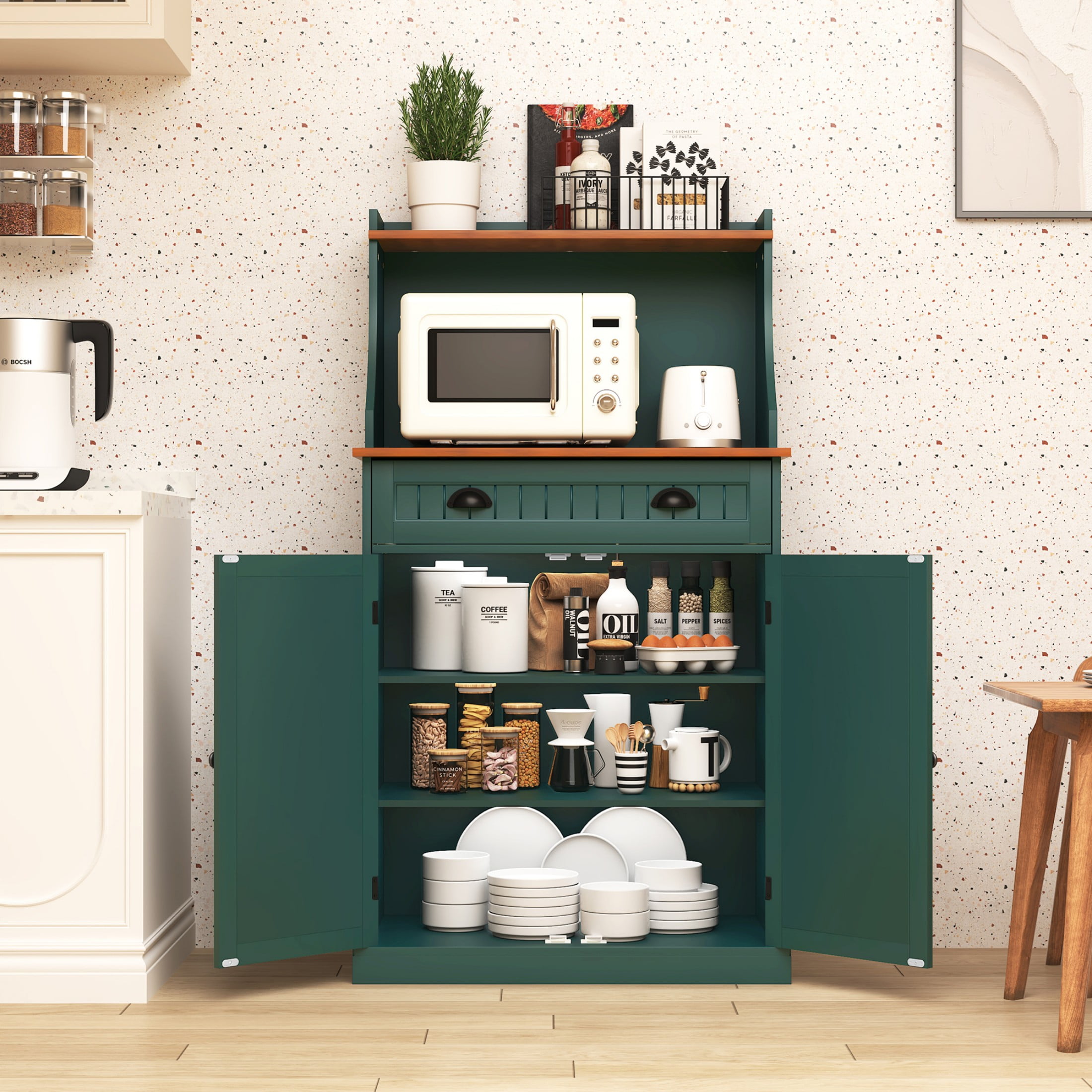 HLR Farmhouse Kitchen Pantry Cabinet with Microwave Stand, 54" Coffee Bar Storage Cabinet, Green