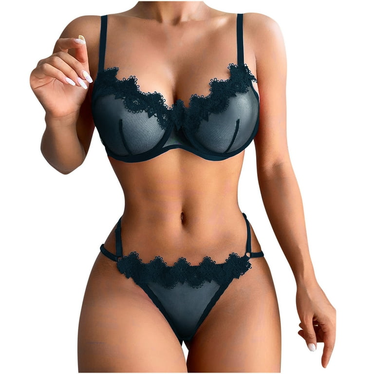 Womens Sheer Lingerie Set Push Up Strappy Lace Mesh Sexy Lingerie Set for  Women High Cut Bra and Panty 2 Piece Outfit 