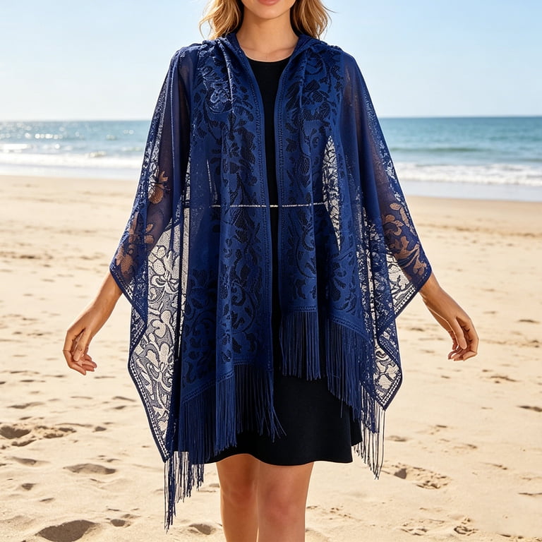 Lumtrix Lace Floral Shawls and Wraps for Women Evening Formal Dresses Wedding Bridal Shawl Scarf with Tassels Dark Blue One Size, Women's