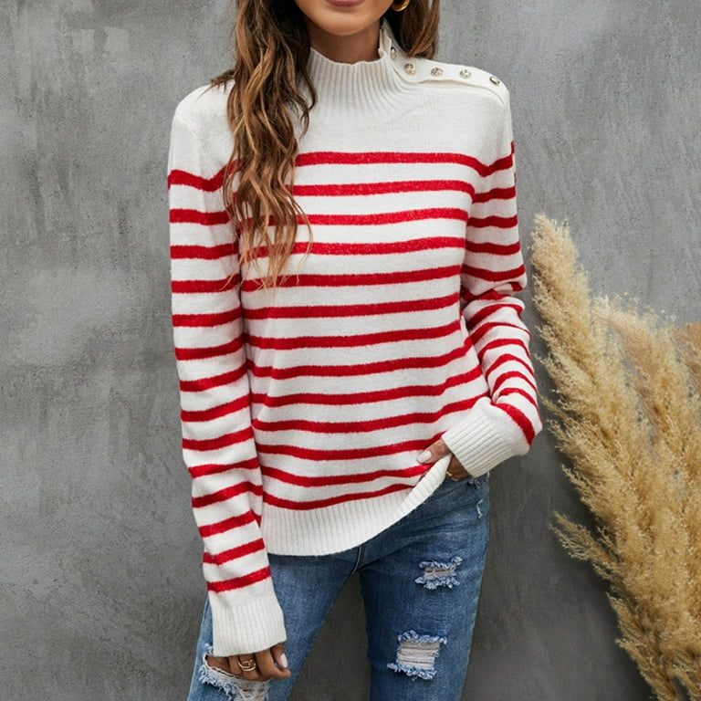 POROPL Fall Sweaters For Women,Women\'s Striped Knitted Sweater Recreational  Long Sleeves Stand Collar Buttons Pullover Sweater
