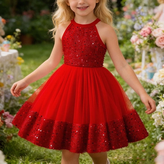 Ulitacool Girl Sundress Sleeveless Sparkly Dress For Summer Party Gown With Sequin Details Birthday Celebration Attire Classic Clothes 5-6 Years Red