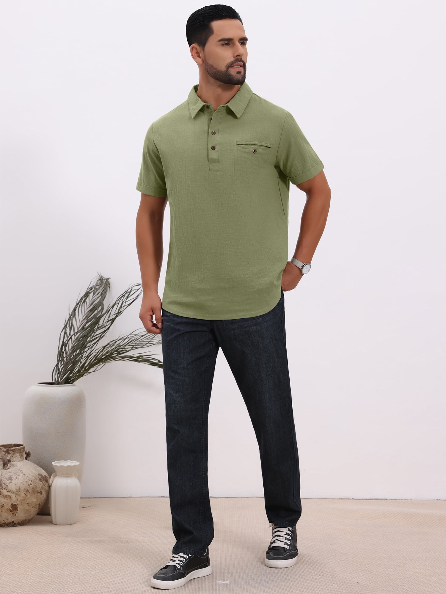 DARING DIVA Men's Linen Chest Pocket Short Sleeve Casual Hawaiian Shirts L Olive Green