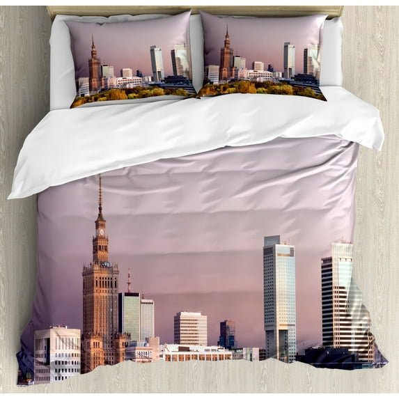 Polish Duvet Cover Set King Size, Picturesque of Warsaw Capital City Before the Sunset Srodmiescie Palace of Culture, Decorative 3 Piece Bedding Set with 2 Pillow Shams, Multicolor, by Ambesonne