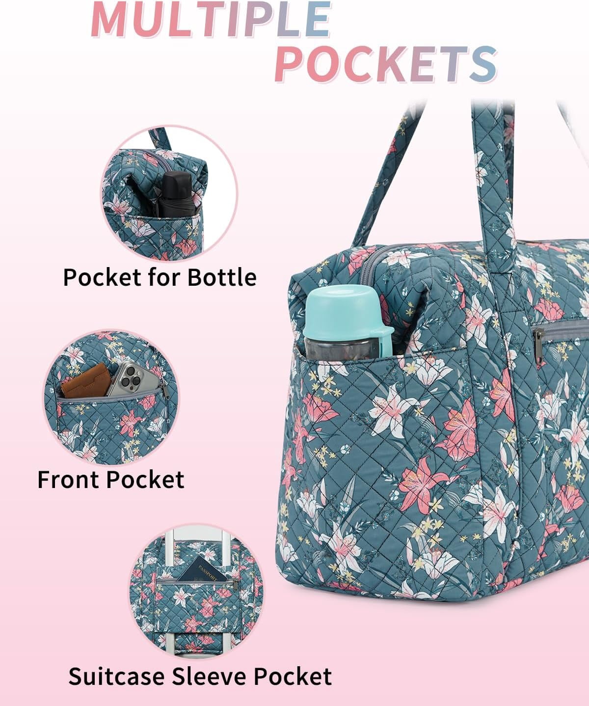 WANDF Travel Duffel Bags with Shoe Bag,Airline Approved Personal Item Bag for Women with Wet Pocket,Trolley Sleeve,Quilted Overnight Weekender Bag for Camping Gym Beach(Blue,Flower)