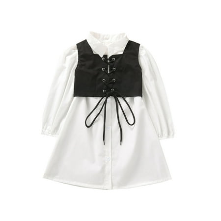 

2Pcs Kids Summer Outfit Solid Color Lapel Long Sleeves Shirt Dress with Tied Cross Straps Waistcoat
