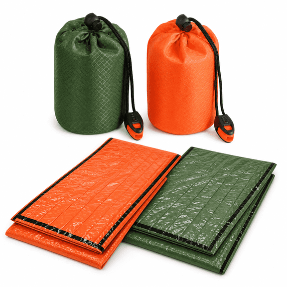 Hemivara Emergency Sleeping Bags 2 Pack, Thermal Mylar Bivy Sacks with Carry Pouches, Orange & Olive Green, Water-Resistant for Camping Hiking