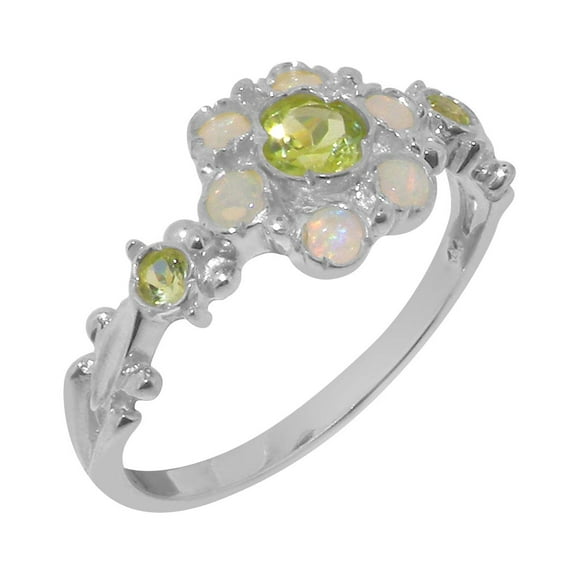 LBG British Made 14k White Gold Natural Peridot & Opal Womens Anniversary Ring - 33 size options - Size 10