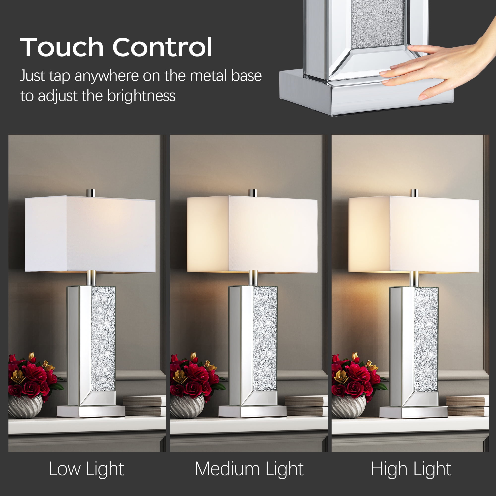 Modern Mirror Table Lamp Set of 2 - Touch Control 3-Way Dimmable Bedside Lamps with USB-C/A Ports for Living Room