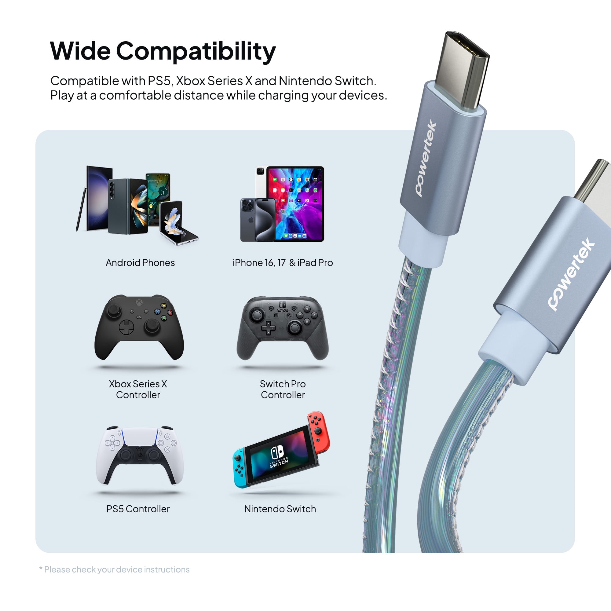 Powertek USB-C to USB-C (Type-C) Metallic Shine Pastel Fast Charging Cable, 60W, 6 ft, Blue