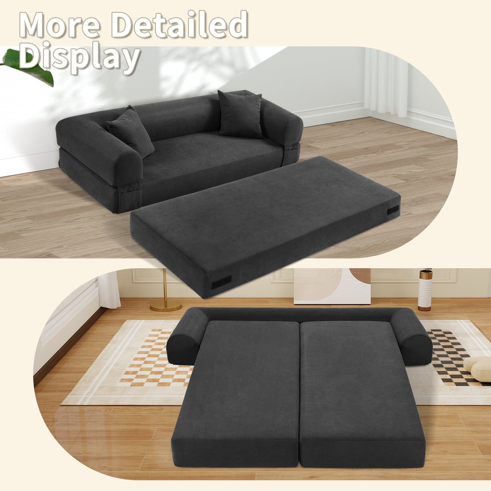 3 in 1 Convertible Sofa Bed, 80" Corduroy Folding Pull Out Couch with 2 Pillows, Floor Sofa with Side Storage for Living Room, No Assembly Modern Boneless Couch Compression Sofa, 35.4"W