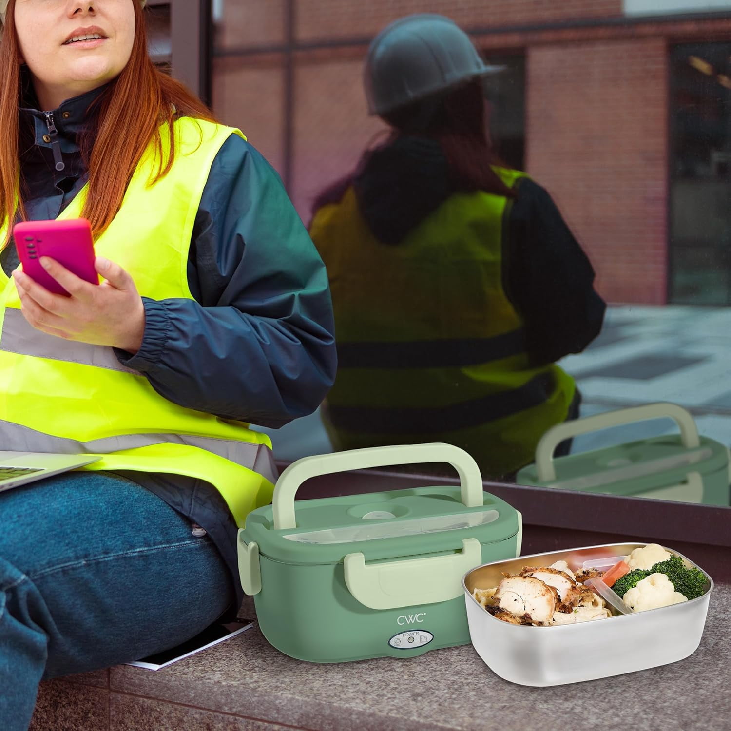 Cook With Color Heated Lunch Box Electric Food Warmer for Adults, Leakproof Insulated Portable Bento Box, 1.5L Green