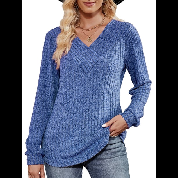 Blusa de Larga con Cuello en V para Mujer, Blusa Informal de Otoño, Suéter Tipo Túnica, Ropa de Moda. Azul L