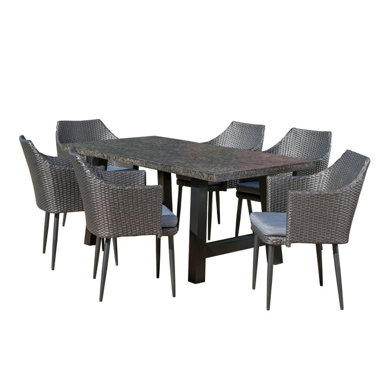 Porter Outdoor 7 Piece Wicker Dining Set with Light Weight Concrete Dining Table Stone Grey Black Mixed Black Grey