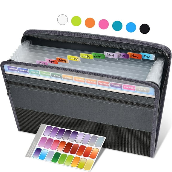 Portable accordion file organizer with zipper, 12 pocket expanding folder for bills taxes receipts, monthly document storage, pencil holder, letter size, gray