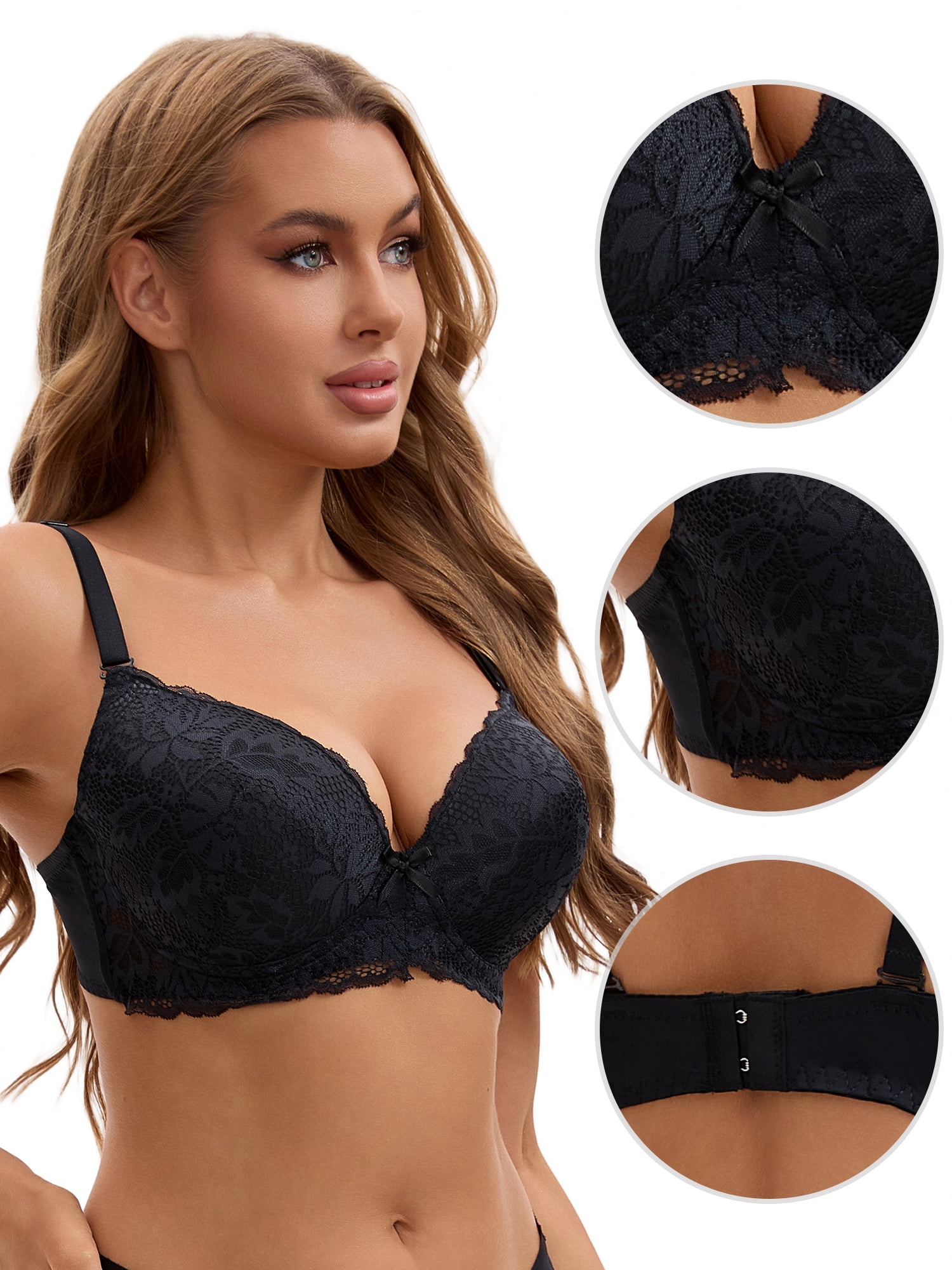 Unique Bargains Lace Push Up Bras 3 Pcs D 44 Blue/Wine Red/Black
