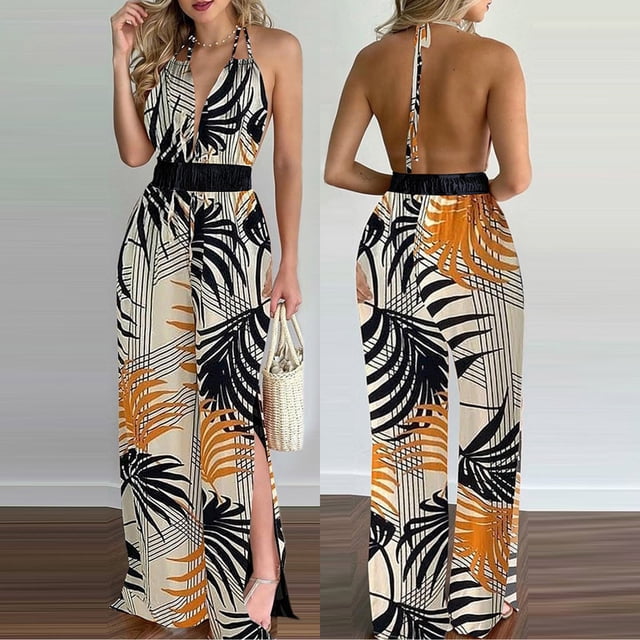 Levmjia Pantalon Long Grande Taille pour Femmes Liquidation Mode Dos Nu Fendu Imprimé Floral Combinaison