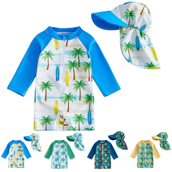 Pandaie Toddler Baby Boy Girls One Piece Swimsuit Long Sleeve Zipper Bathing Suit with Hat Infant Rash Guard Sunsuit Swimwear 6-12 Months Blue