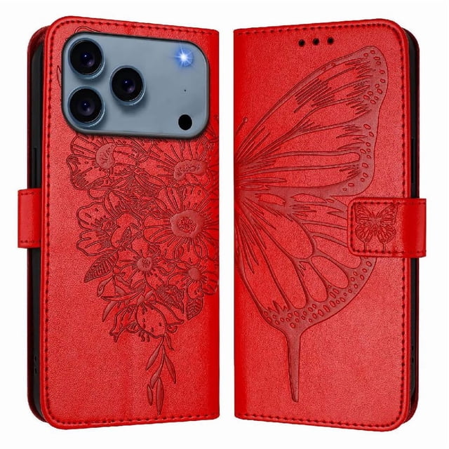 Butterfly Wallet Case for iPhone 17 Pro with Card Slots & Stand - Shockproof Red