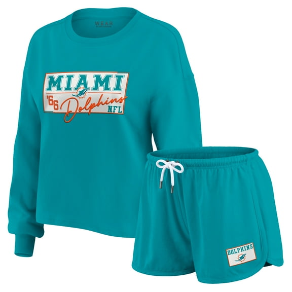 Women's WEAR by Erin Andrews Aqua Miami Dolphins Heavy Rugby Jersey Long Sleeve T-Shirt & Shorts Lounge Set
