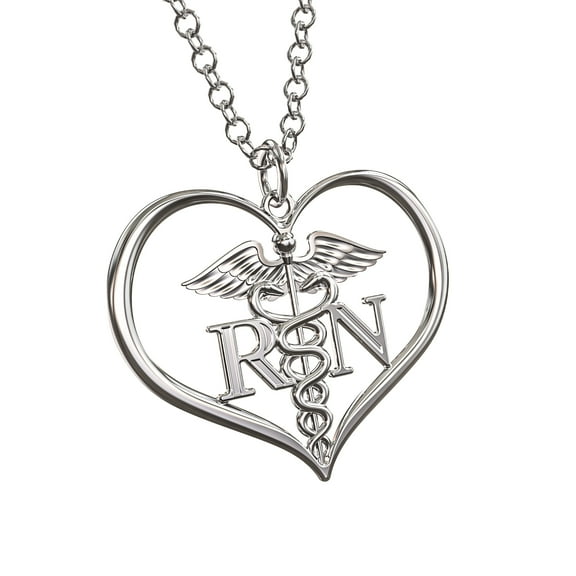 RN Registered Nurse Heart Necklace with Caduceus - Nurse Gift for Women - RN Gift - Shiny Silver
