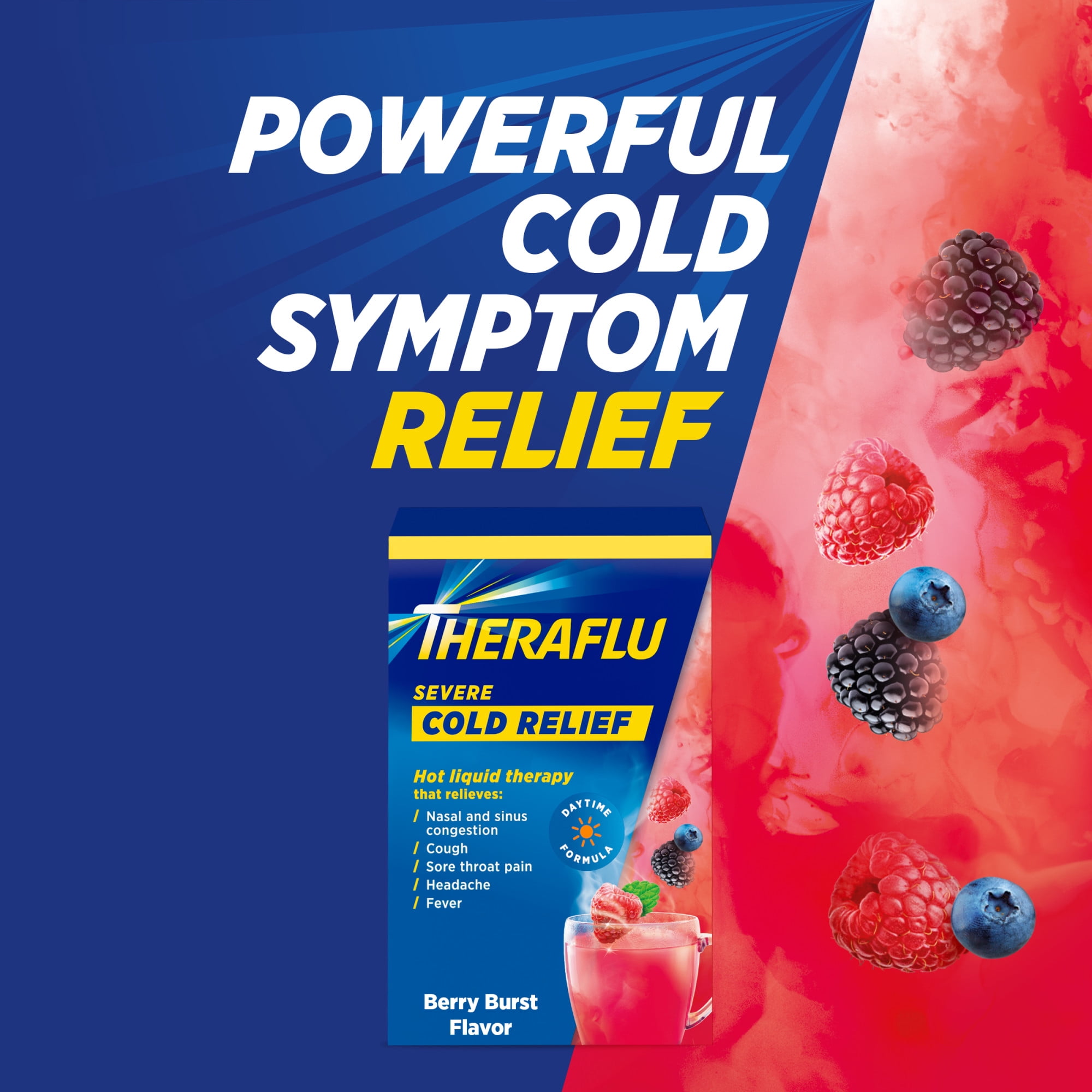 Theraflu Daytime Severe Cough Cold and Flu Daytime Relief Medicine Powder, Berry Infused With Menthol & Green Tea, 6 Count