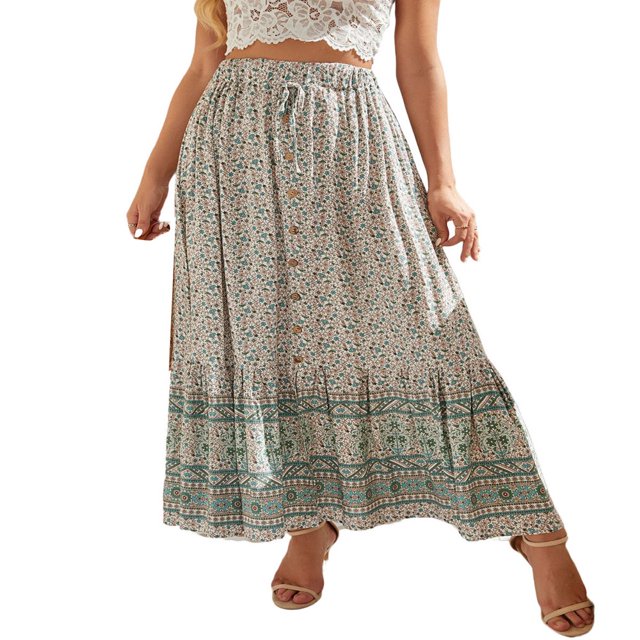 Womens Summer Boho Floral High Waist A-Line Skirt Ruffle Beach Midi Maxi Skirt