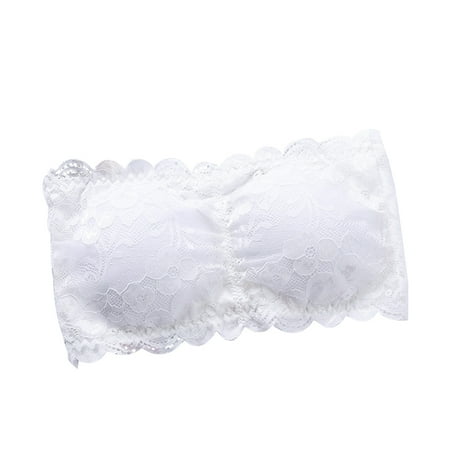 

HMEOTON Women s One Size Strapless Lace Bandeau Bra Paded Removable Seamless Stretch Bandeau Tube Bra Top (White)
