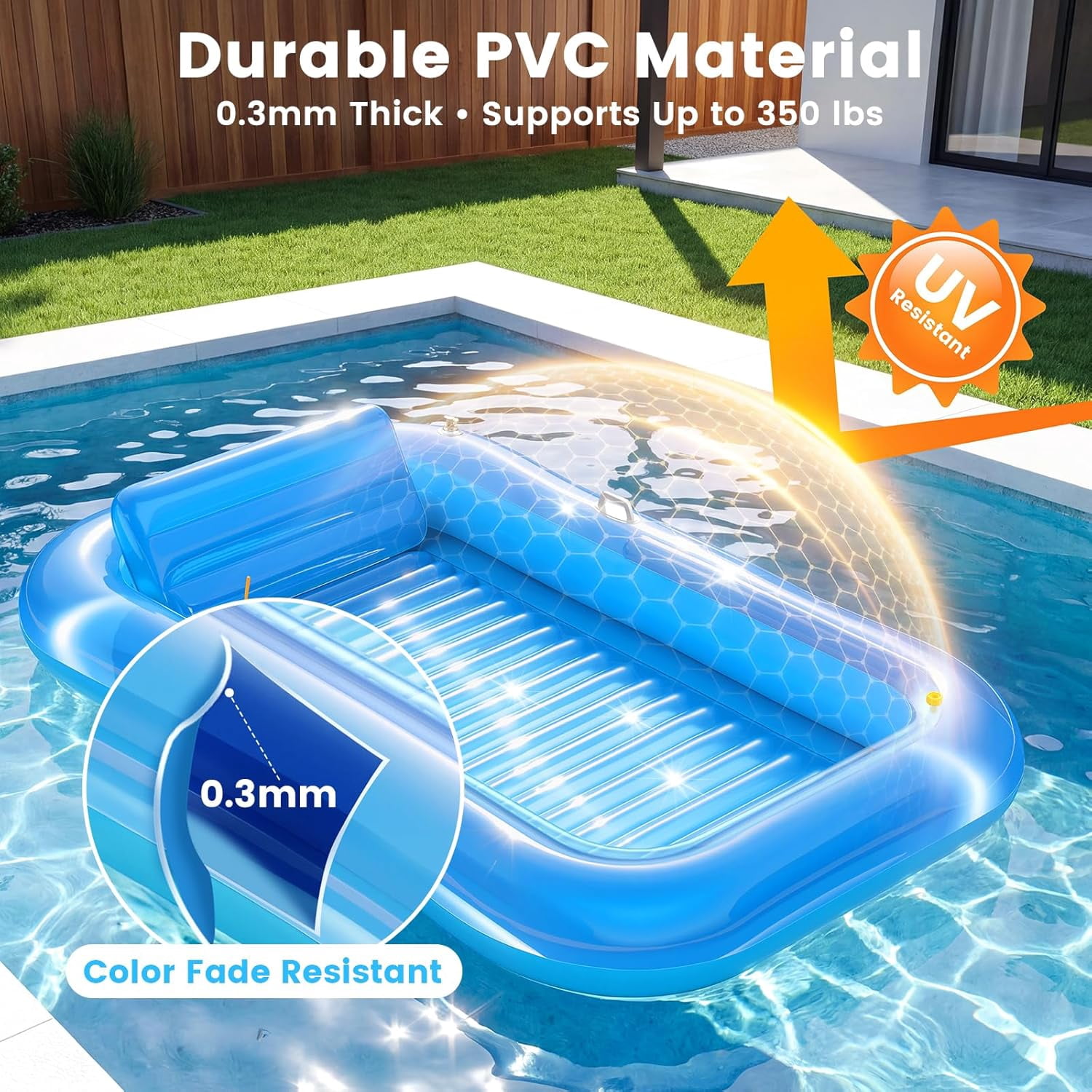 Inflatable Tanning Pool Lounger Float with Sprinkler, 77" x 48" Pool Floats Adult with Pillow, 6 in 1 Suntan Tub Raft Floatie with Drink Holder Sunbathing Water Lounge L