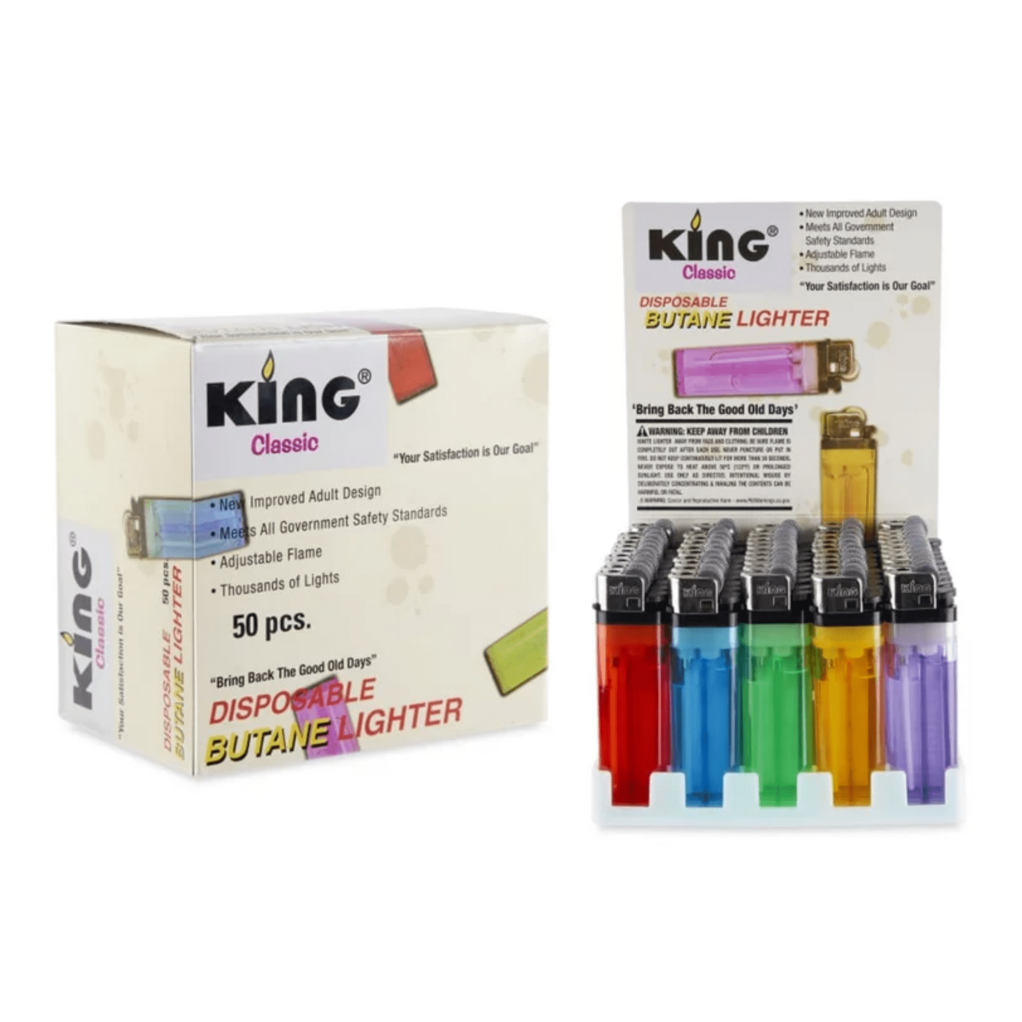 King Classic Disposable Butane Lighters Assorted Colors 50 Lighters Per Box 100 Count (Pack Of 2)