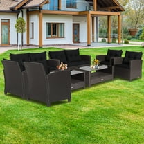 Costway 8 PCS Patio Rattan Furniture Set Glass Table Shelf Sofa Cushion Black