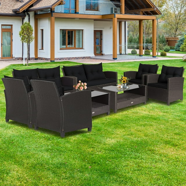 Costway 8 PCS Patio Rattan Furniture Set Glass Table Shelf Sofa Cushion Black