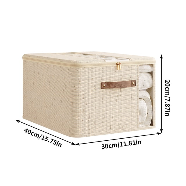 Caja de almacenamiento Tianshan de lino con doble ventana y cremallera | Organizador grande de tela para mantas, edredones y ropa | Contenedor decorativo para el hogar