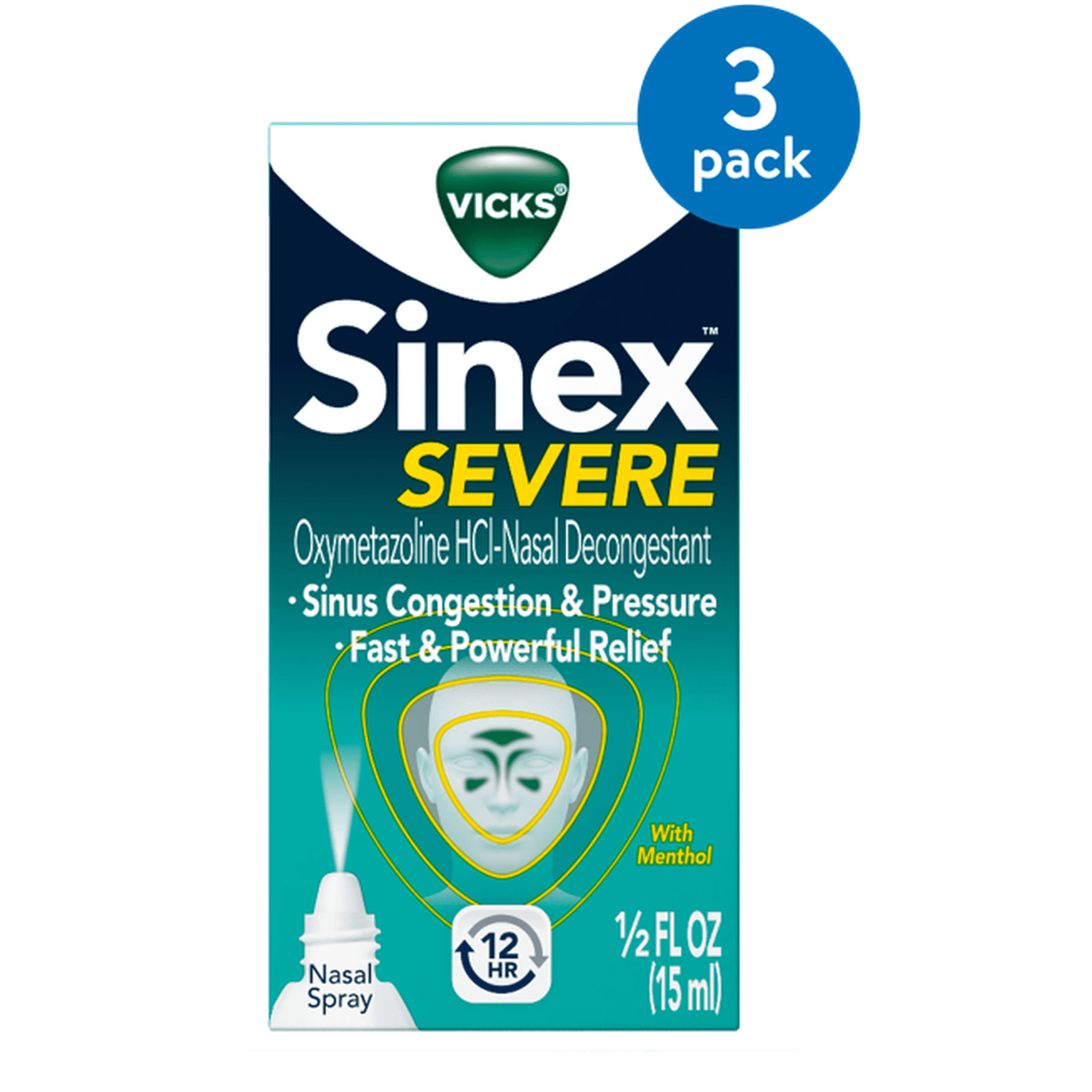(3 pack) (3 Pack) Vicks Sinex Severe 12 Hour Decongestant Nasal Spray 0.5 fl oz