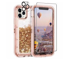 TASHHAR iPhone 14 Pro Max Case with Screen and Lens Protector 3 in 1 Anti Scratch Clear Glitter Shockproof Durable Moving Shiny Quicksand Liquid for iPhone 14 Pro Max 6.7 inch 2022 Phone Rose Gold