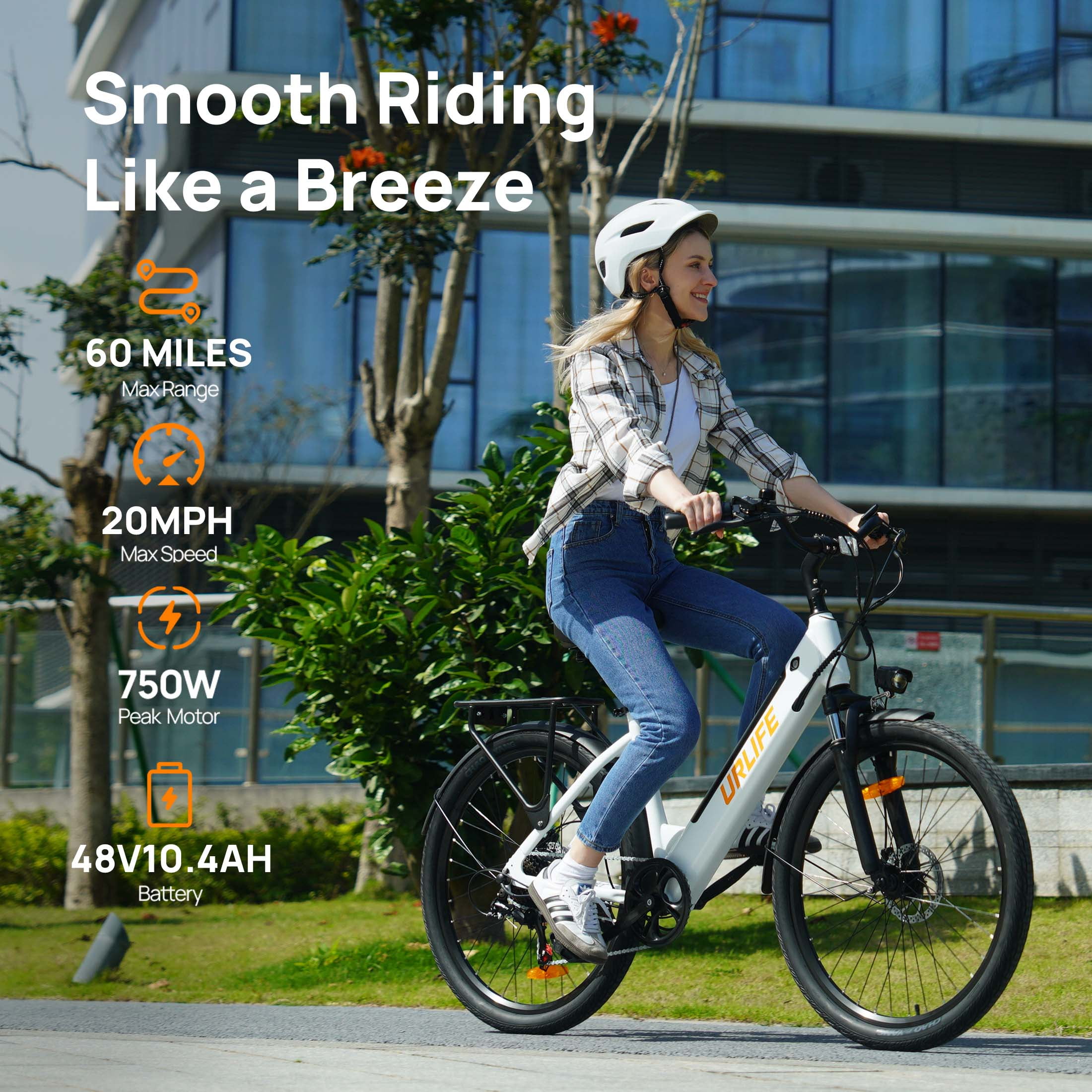 URLIFE 26" Electric Bike for Adults,750W Peak Motor,48V 10.4Ah Removable Battery, 60 Miles Range, 7-Speed City Commuter Ebike,UL2849-White