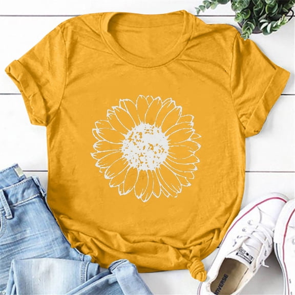 Women's Summer Sunflower T Shirt Cute Flower Graphic Loose Tees Crew Neck Short Sleeve Casual Tops