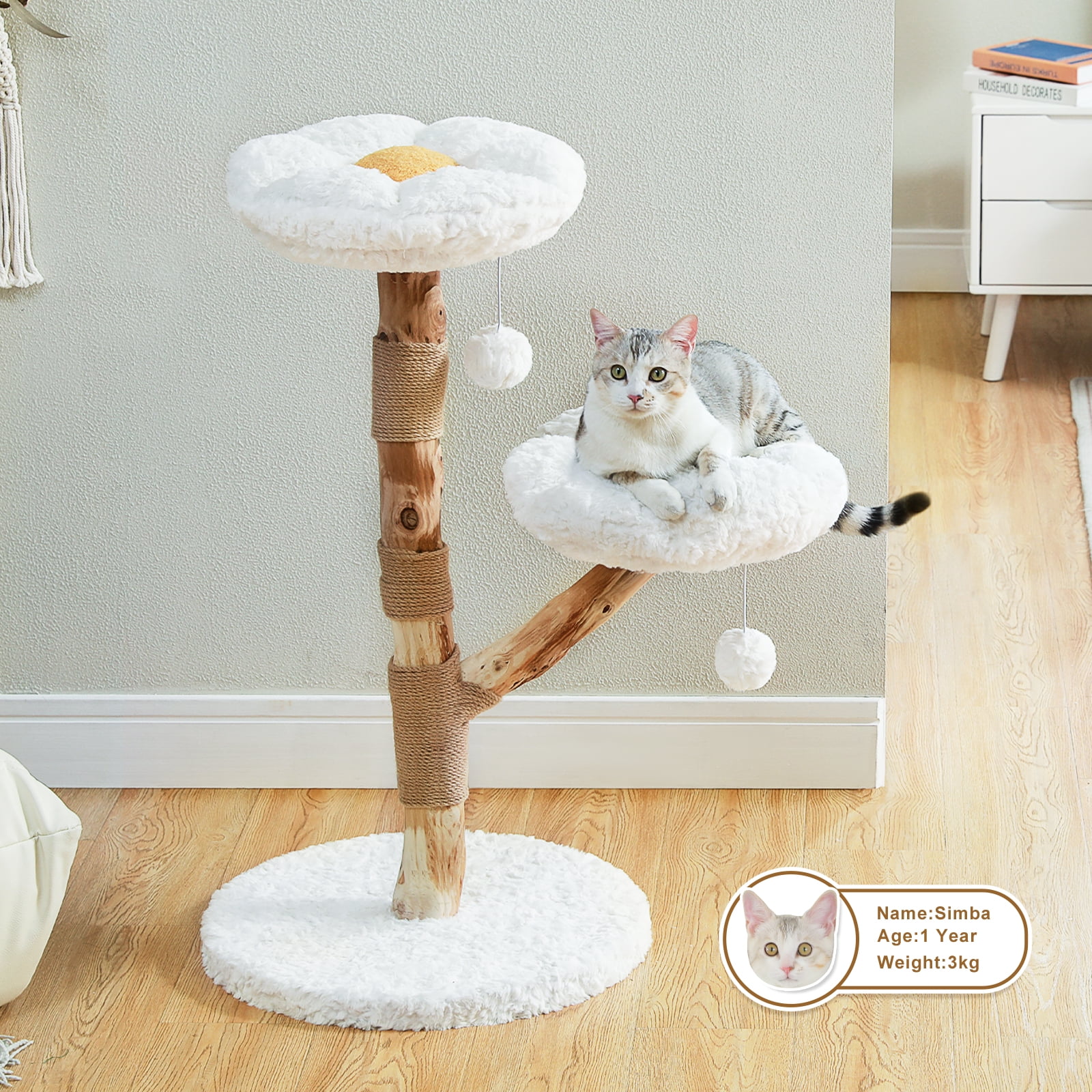 Pefilos 36" Flower Cat Tree Tower with Real Wood Branches, Boho Cat Climbing Tower with Scratching Post and 2 Perches for Indoor Cats, White