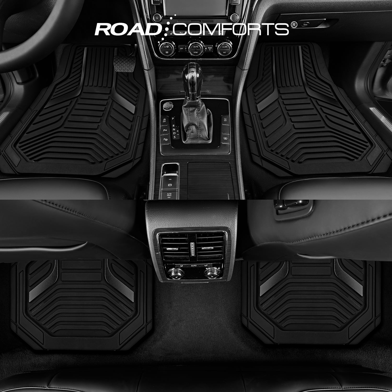 Road Comforts Heavy Duty Rubber Floor Mats Black Aluminum Film Car Mats Set, Front and Rear Car Mats