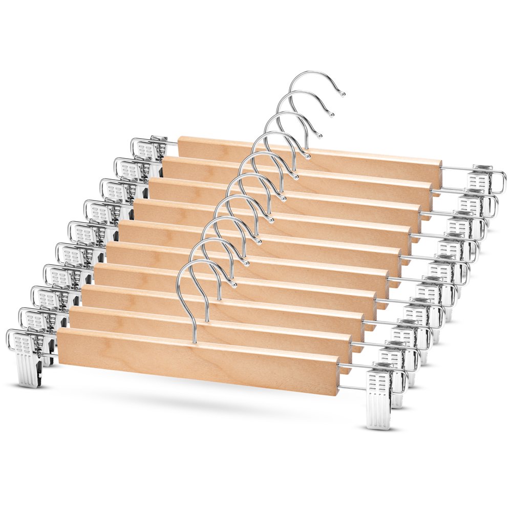 HighGrade Wooden Pants Hangers with Metal Clips 10 Pack Grip Clip