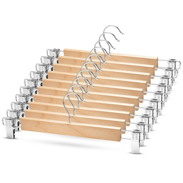 HighGrade Wooden Pants Hangers with Metal Clips 10 Pack Grip Clip