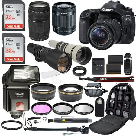 Canon EOS 80D Digital SLR Camera w/ EF-S 18-55mm Is STM & EF 75-300mm f/4-5.6 III+500mm Telephoto Zoom Lens+650-1300mm Telephoto Lens