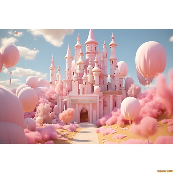 Fairy Tale Pink Castle Backdrop ss Birthday Party Spring Floral Balloons Castle Wonderland Photography Background