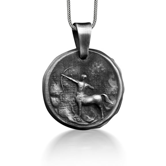 Sagittarius Horoscope Necklace For Men, Zodiac Sign Coin Necklace in Silver, Engraved Archer Astrology Necklace, Sagittarius Birthday Gift