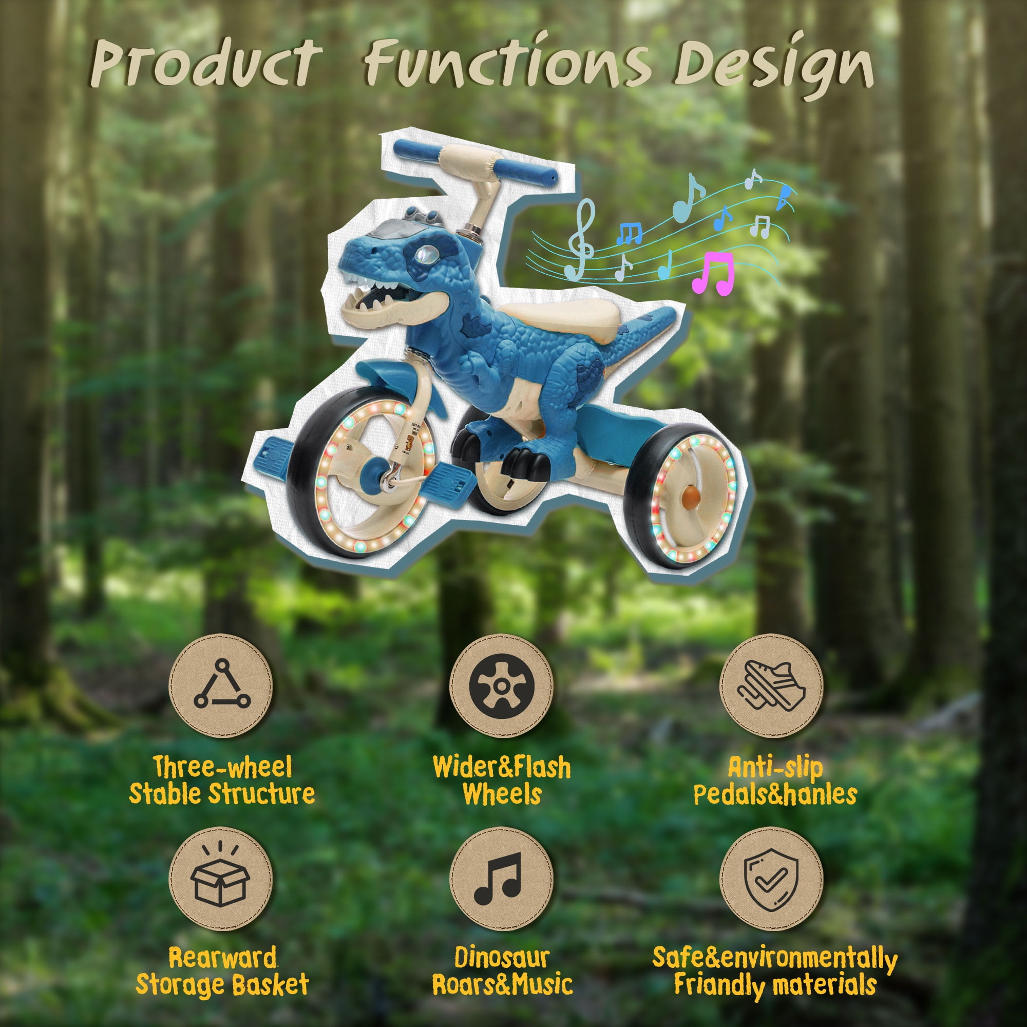 Xuanlur Kids Ride on Dinosaur Tricycle, Toddlers Kid Trike with EVA Wide Flash Wheels, Anti-Slip Pedals, Rear Basket, Music & LED Lights, Toddler Bike Toys Gift for 3-6 Year Old Boys & Girls (Blue)