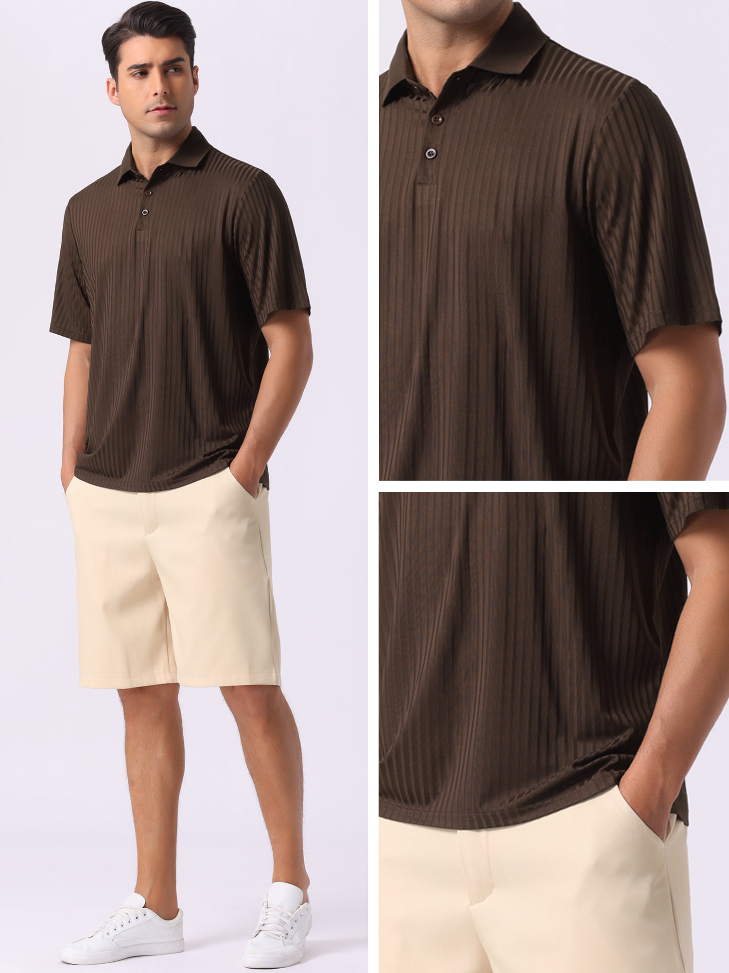 DARING DIVA Men's Ribbed Slim Fit Short Sleeves Casual Collared Golf Polo Shirt M Brown